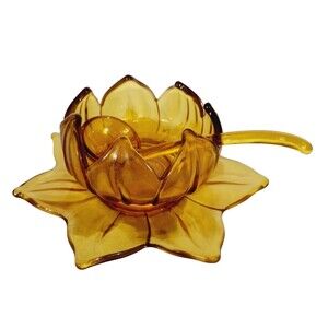 Amber Glass Condiment Jelly Sugar Dish Floral Lotus Bowl Tray Spoon Vtg *Crack